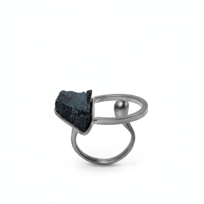 Inel statement din alama placata gun metal cu turmalina neagra - Katerina Vassou