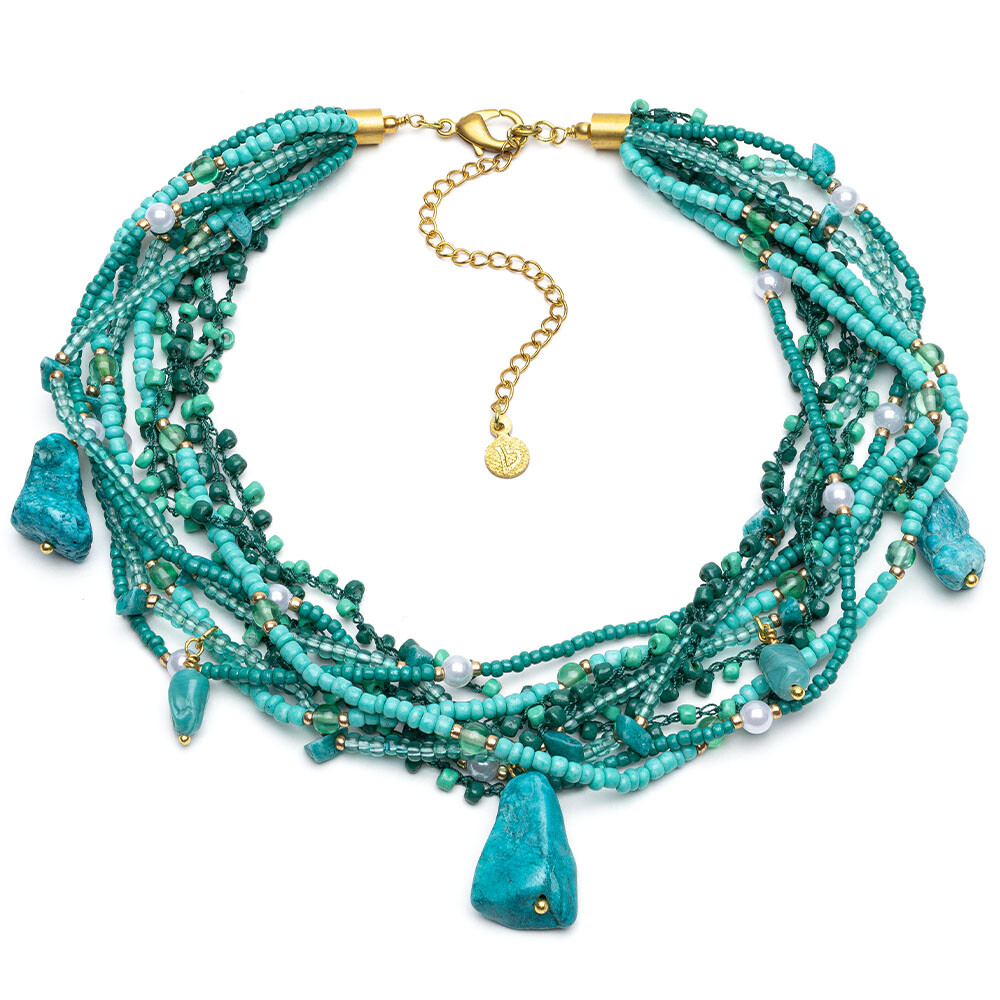 Colier tip choker Vestopazzo Italia – Elemente de sticlă și pietre turcoaz