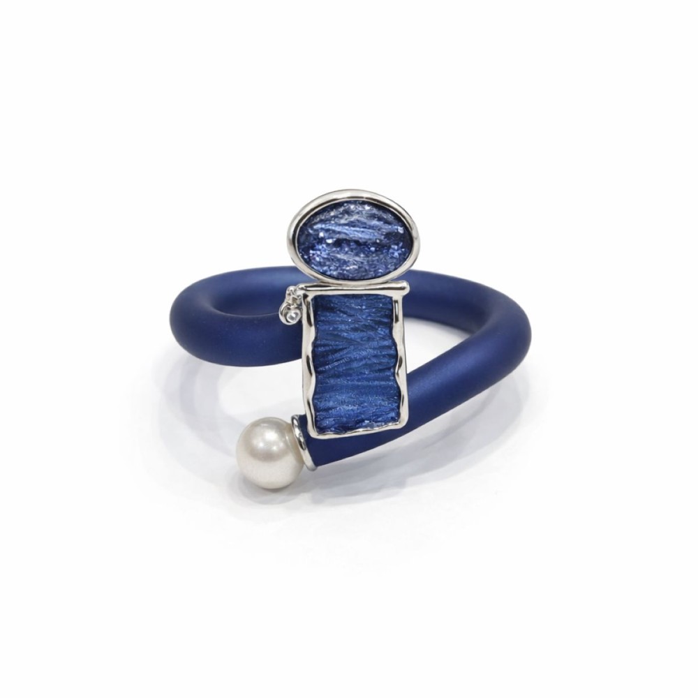 Inel designer din silicon albastru metalizat cu elemente metalice – Import Italia