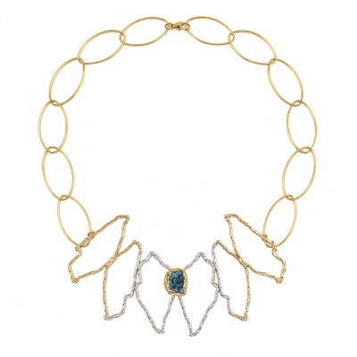 Colier Rich Opulence din alama cu patina argintie, geoda mare si cristale ocean – Tina Kotsoni