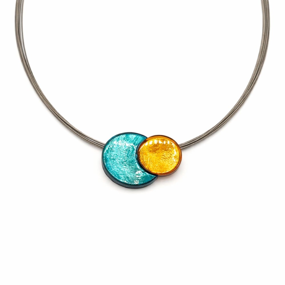 Colier KLK Italia din oțel și zamac cu doua forme rotunde  turcoaz + arămiu