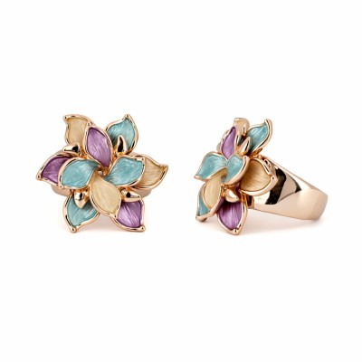 Inel KLK Italia floral – Zamac placat cu aur roz, violet, turcoaz și champagne, elastic reglabil