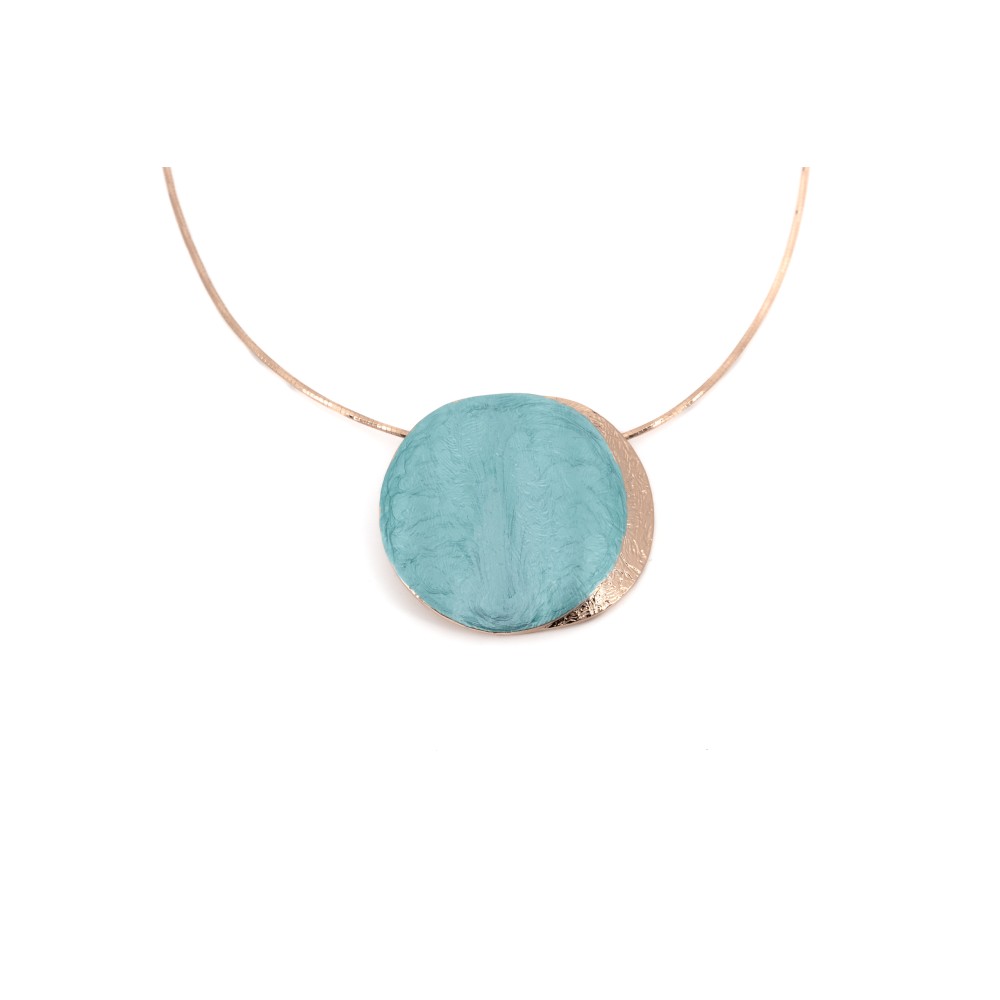 Colier KLK Italia – Zamac placat cu aur roz, cercuri suprapuse turcoaz, 42 cm + 5 cm extensie