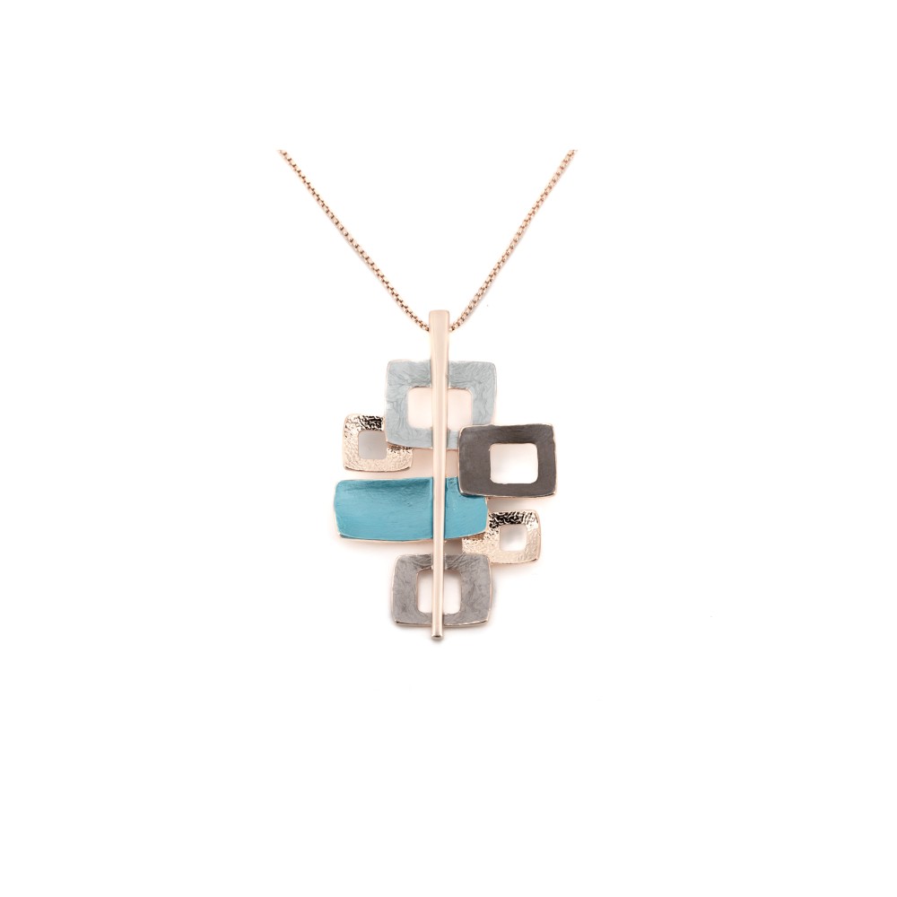 Colier lung KLK Italia cu pandantiv geometric – zamac aur roz, turcoaz, gri, maro, 95 cm reglabil