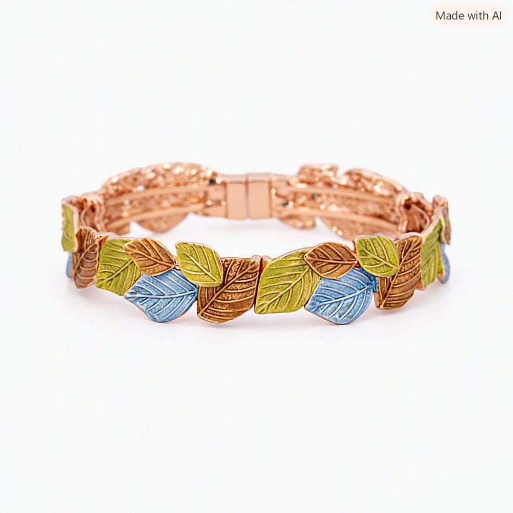 Bratara KLK Italia – Zamac placat cu aur roz, model frunze bleu, bronz si verde, inchidere magnetica
