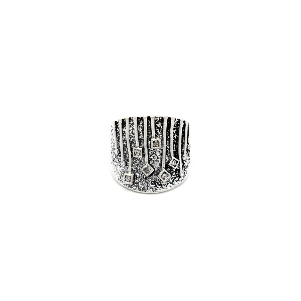 Inel KLK Italia – Zamac argintat, design geometric cu cristale, elastic reglabil