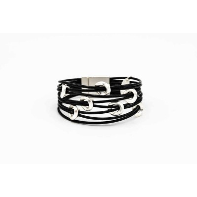 Brățară 8 fire din piele cu închidere magnetică și 7 cercuri din zamac argintat – KLK Italia