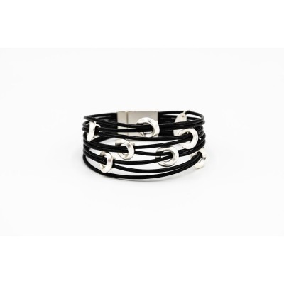 Brățară 8 fire din piele cu închidere magnetică și 7 cercuri din zamac argintat – KLK Italia