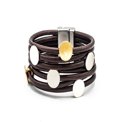 Brățară din piele cu 6 piese din zamac argintat, placat cu aur și rodiu – KLK Italia